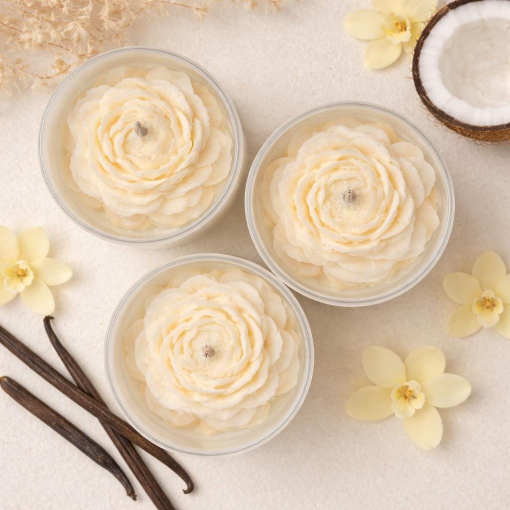 Island Vanilla Soy Candle | Floral Topped Candle | Creamy Vanilla Scent